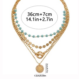 FDEETY Necklaces for Women Boho Turquoise Necklaces Gold Hypoallergenic Alloy Layered Necklace Chains Sequins for Women, Metal