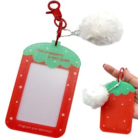 Strawberry Photocard Holder Keychain - Acrylic Photo Protector with Clear Protective Sleeves, Portable Badge Cover for Bus Card, Student ID (Red)