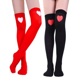 Blulu 4 Pairs Heart Knee Thigh High Stocking Knee White and Red Socks Heart High Socks for Costume Accessory, 4 Styles