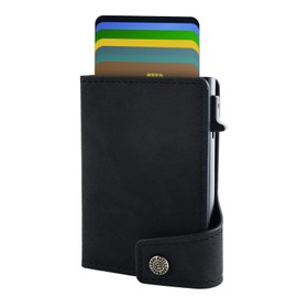 RAFIYU Card Holder Wallet with RFID Protection, Quick Access Pop Up Wallet - Men's Slim Wallet for up to 9 Credit Cards - Mini Black EC Mens Card Holder - Minimalist Wallet - Smart Wallet