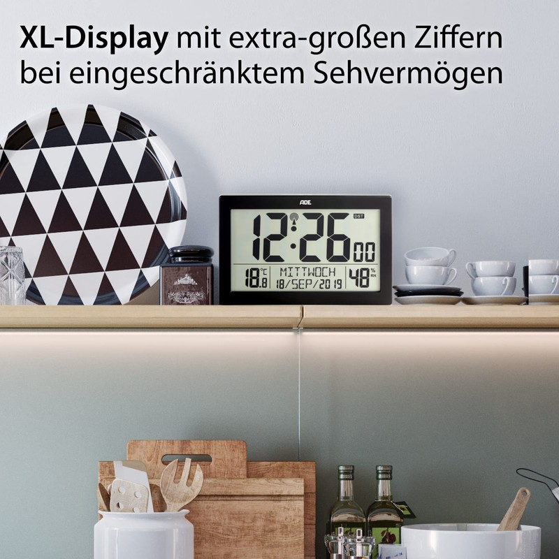 ADE Digital Radio-Controlled Clock with Large XL Display Calendar with