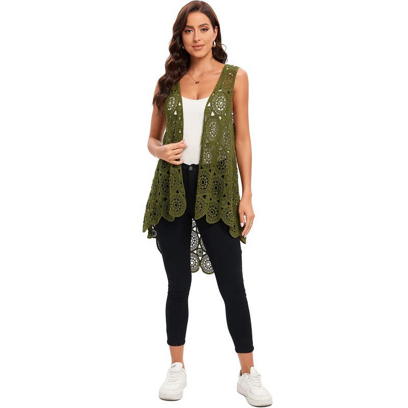 Women's Crochet Lace Vest Boho Sleeveless Kimono Irregular Hem Cardigan