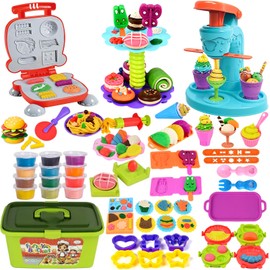 COREPR Toys 62 Pcs 3 in 1 Color Dough Kitchen Creations Food Modeling Playset with Portable Box,Ice Cream Hamburger Maker Machine and Dessert Stand with Tools Kit Art Craft Toys for Kids