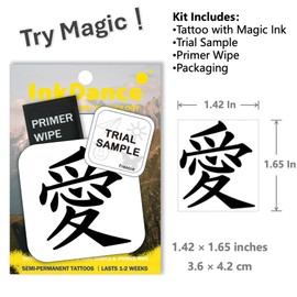 Semi-Permanent Tattoo, Kanji, Chinese Symbol Japanese Character Love, Long Lasting Temporary Tattoos, Waterproof Plant-Based Ink, Lasts 1-2 Weeks, Color Develops in 24 Hours MNF013