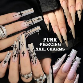 3D Punk Alloy Nail Art Dangle Charms with Piercing Tool Hand Drill, Silver Cone Spike Studs Hanging Rings Metallic Nail Jewelry Rivets Pierced Art Supplies for Tips, Acrylic, Gels Decorations