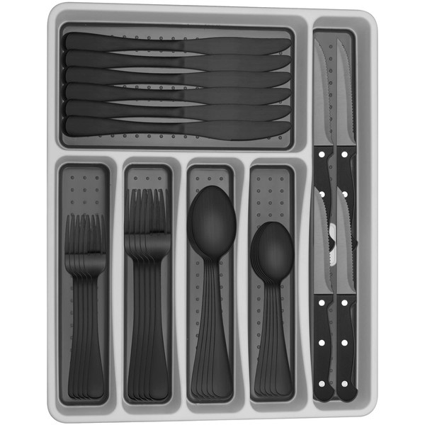 Black Silverware Set, Umite Chef 49-Piece Flatware Set with Drawer Organizer, Durable Stainless Steel Cutlery Set for 8, Tableware Eating Utensils with Steak Knives for Home Restaurant