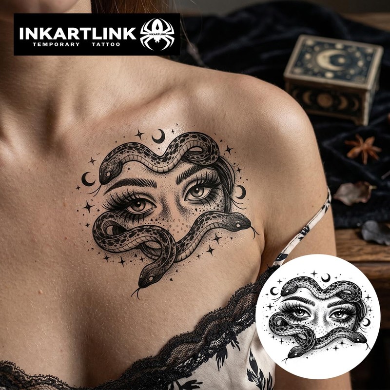 Temporary Tattoo, Medusa Snake Moon, 2 Sheets