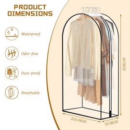 3 Pack 10" Gusseted Garment Bags for Hanging Clothes, 40" All Clear Suit Bags for Closet Storage, Garment Bags for Shirts, Coats, Dresses