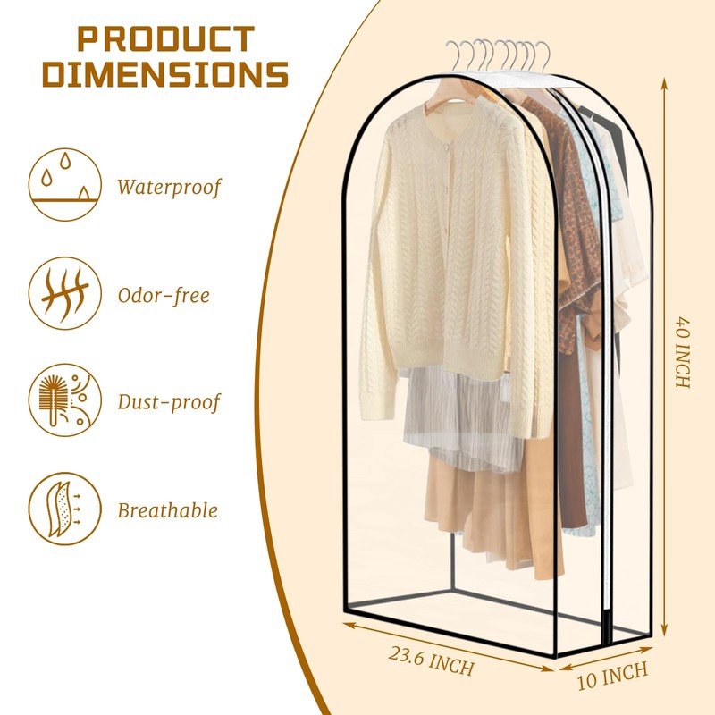 3 Pack 10" Gusseted Garment Bags for Hanging Clothes, 40"