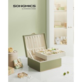 SONGMICS 2-Layer Jewelry Box, Jewelry Organizer with Handle, Removable Jewelry Tray, Jewelry Storage, Floating Effect, 8.1 x 9.4 x 4.3 Inches, Gift Idea, Laurel Green UJBC165C02