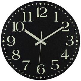 JoFomp Wooden Glow in The Dark Clock, 12 inch Silent Non-Ticking Battery Operated Clock, Energy-Absorbing Luminous Numerals and Hands, Lighted Wall Clock Decoration (Black, 12 INCH)