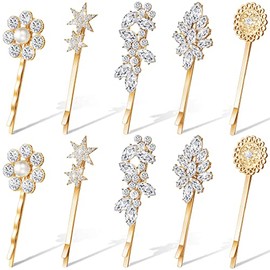 10 Pieces Crystal Hair Pin Vintage Rhinestone Bobby Pin Tone Hair Pins Star Hair Barrette Flower Leaf Feather Sunflower Hair Clips Metal Hair Accessories for Women Girls Hair Decoration (Gold)