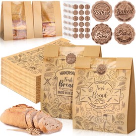 Spakon 120 Pack Large Kraft Paper Bread Bags for Homemade Bread 14" x 8.3" x 3.5" Sourdough Bread Bags Bakery Bags with Window with 120 Pcs Baked with Love Stickers for Baked Food Packaging Storage