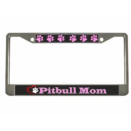 Pitbull Mom with Paw Print Style Heavy Duty Metal License Plate Frame/Car Accessories Car Tag Holder Cover (Carbon)
