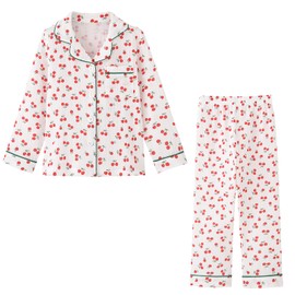 ACESTAR Toddler Kids Pajamas Set Classic Girls Boys Button-Down Pjs Set 100% Cotton Long Sleeve Sleepwear 2 Piece Kids Lounge Set (White Cherry,6T)