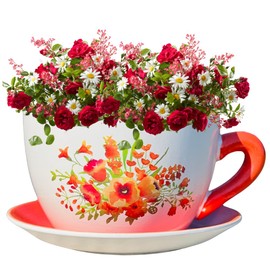 hadaaya 7.5" Round Ceramic TeaCup Shape Planter Pot with Saucer for Succulents Orchids Herbs Cactus Indoor Houseplants Flowers for Home Garden and Event Decor – ORANGE Poppy Floral