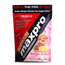 Max Muscle Maxpro Elite Whey Protein Powder | 30g Protein | 0g Sugar | 6.6g BCAAs | Micellar Casein Cold Filtered Whey Isolate Protein | Promotes Muscle Growth & Recovery (Strawberry Banana, 2lb)