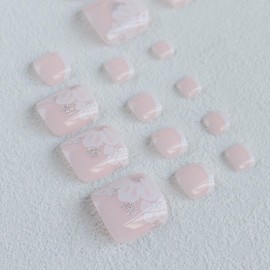 24Pcs Pink Press on Toenails Flower Fake Toe Nails Short Square Acrylic Toenails French Tip Glue on Toenails Cute Full Cover False Toenails Flowers Stick on Toenails for Women Girls Manicure