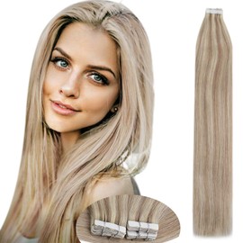 Tape in Hair Extensions Ash Blonde Highlight Hair Extensions Tape in #18 Ash Blonde Highlight #613 Bleach Blonde 10pcs Silky Straight Remy Hair Extensions 25g 20inch