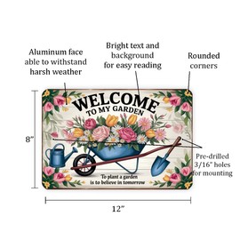 Welcome To My Garden Sign – 8x12 Vintage Floral Wheelbarrow Metal Wall Art, Shabby Chic Garden Quote Decor, Outdoor Spring Accent