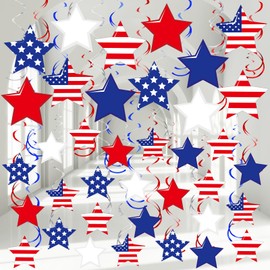 72 Pcs 4th of July Hanging Decorations Independence Day Party Decoration Red White Blue Star Swirl Decor Patriotic Ceiling Decorations USA Foil Swirls for 4th of July Party Supplies