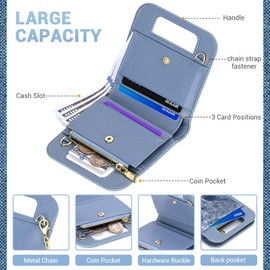 ADKALIV Denim Wallet for Women, Small RFID Blocking Bifold Wallets with Zipper Pocket, Handle and Shoulder Chain for Women and Girls (Denim-Blue)