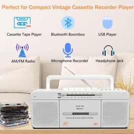 Cassette Player Recorder, Cassette Tape Player with Bluetooth, USB, Cassette Recorder to MP3 Converter,AM/FM Radio Stereo,Microphone,Earphone Jack,Portable AC/DC Powered,Cassette Player Boombox