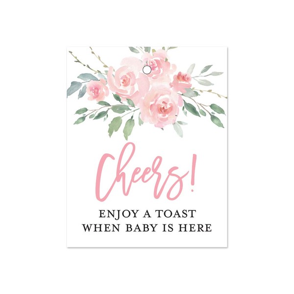 Pink Floral Champagne Baby Shower Favor Tags (2" x 2.5") - 24 Count (Cheers)