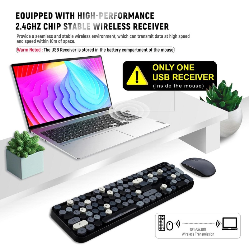 LETTON Wireless Keyboard Mouse Combo, 2.4GHz Typewriter Keyboard Wireless, Colorful