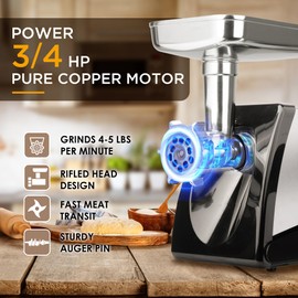 Valley Sportsman Electric Meat Grinder, ETL Approved Meat Grinder, 3/4 HP, Meat Mincer Machine with Stainless Steel Blade, 3 Grinding Plates, 2 Meat Claw, Sausage Stuffer Tube for Home Kitchen Use