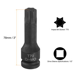 sourcing map T70 Torx Bit Socket 1/2" Drive 6 Point Torx Star Screwdriver Socket Adapter CR-MO Steel Lengthen Impact Bit Sockets for Electric Ratchet Wrenches Fastening Screws