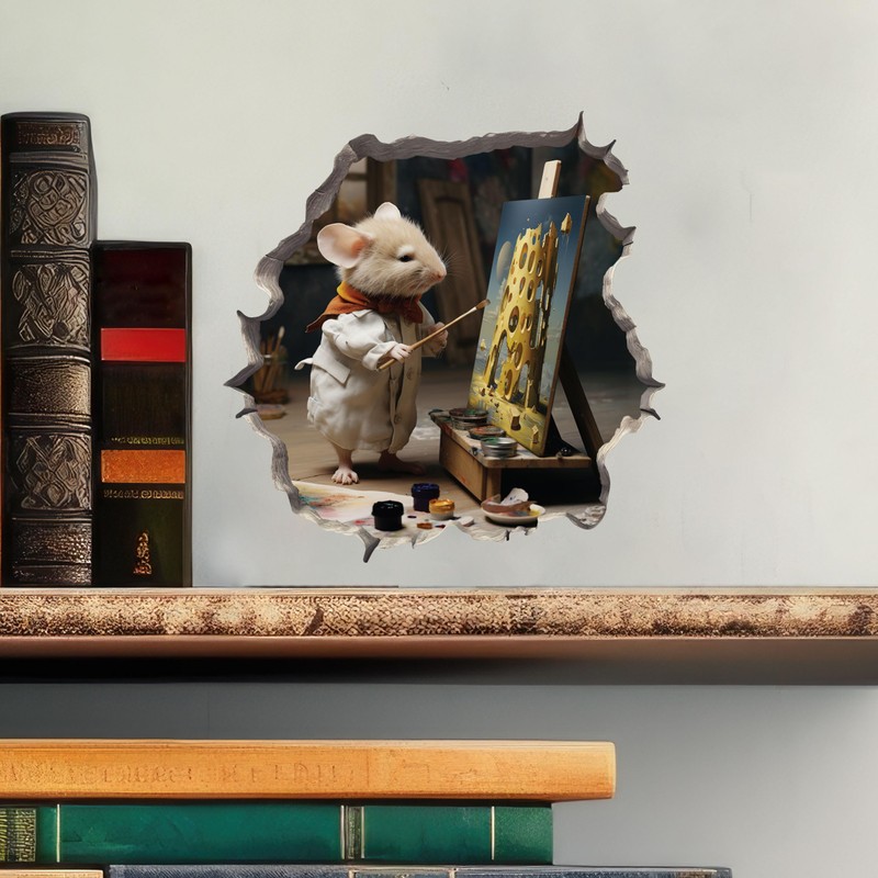 Painter Artist Mouse in Hole Decal - 3D Wall Sticker