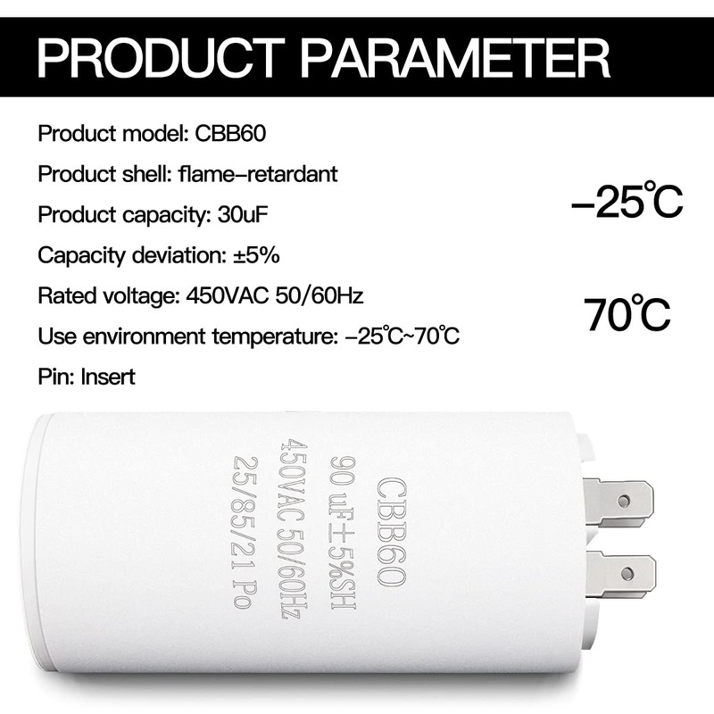 90UF CBB60 Motor Run Capacitor, 450VAC 50/60HZ Cylindrical Capacitor for
