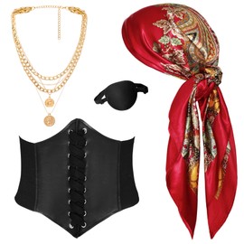 4 Pcs Pirate Costume Accessories Set for Women Pirate Bandanas Head Scarf Eye Patch Medieval Corset Necklace (Red)