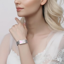 LinnaLove Lymphedema Alert Bracelets No Needle or BP Bracelets Stainless Steel Medical Bracelets for Women (Mesh band-Steel)