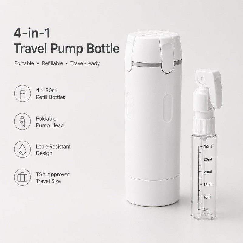 4-in-1 Travel Dispenser Bottle, TSA Approved Leak Proof Refillable Travel