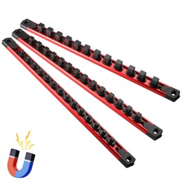 Reniteco Magnetic Socket Organizer, 3-Piece Heavty Duty Aluminum Socket Holder, Socket Rail for Tool Box, Premium Quality 360° Swivel Socket Rack Kit with 40 Clips for 1/2, 3/8, 1/4-Inch(Red)