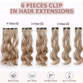 Cybelleza 48 cm Clip-In Hair Extensions, Hairpiece Like Real Hair, 6 Pieces, Hair Extensions, Clip-In Hairpiece, Wavy Hair Thickening, Synthetic Hair, Light Brown & Blonde