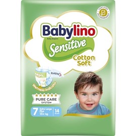 Babylino Sensitive Baby Nappies Size 7, Extra Large Plus (+15 kg), Pack of 14