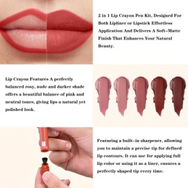 QiBest 2 in 1 Lipstick Crayon with Built-in Sharpener, Precision Tip Matte Lip Liner Pen, Long-lasting Smudge-proof Lip Crayon Makeup Kit, Creamy Nude Rosy Tinted Balm Velvet Lip Stick Set