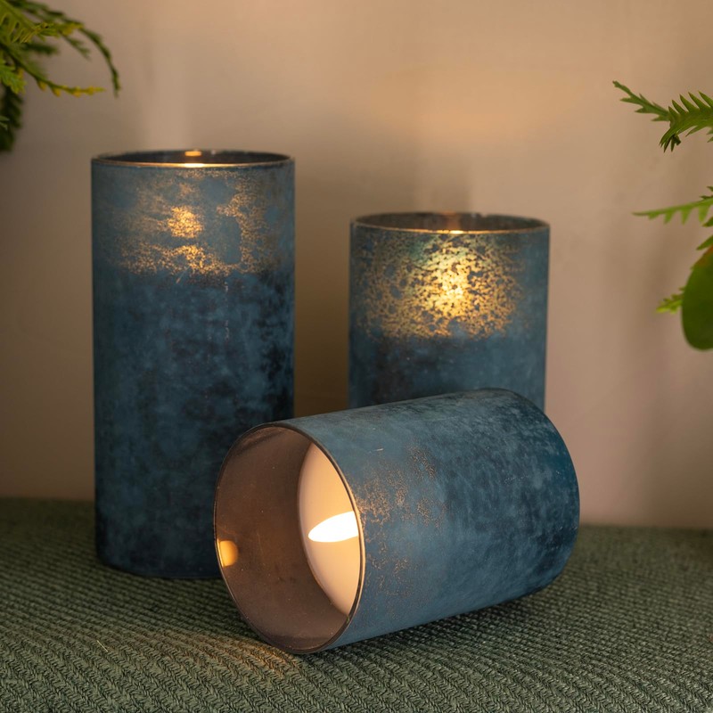 HJANDHJ Blue Flickering Flameless Candles with Remote - Handmade Sandblast