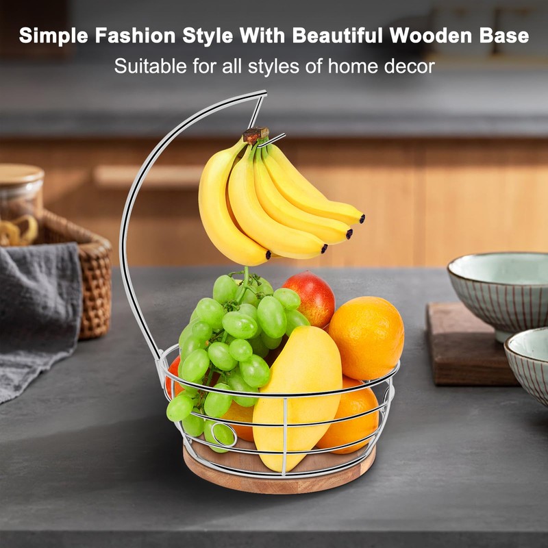 Livabber Countertop Fruit Basket Bowl with Banana Hanger, Modern Standing