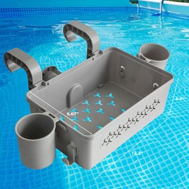SUGOOE 2Pack Poolside Storage Basket, Swimming Pool Hanging Storage Basket with 2 Skimmer Net Holder 4 Pool Cup Holder for Cups and Towels
