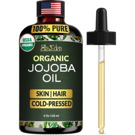 Ella & Eden Organic Jojoba Oil – USDA Certified, Cold-Pressed, 100% Pure & Unrefined, Hexane-Free Oil for Skin, Face, Hair & Nails – 4 Fl Oz Glass Bottle