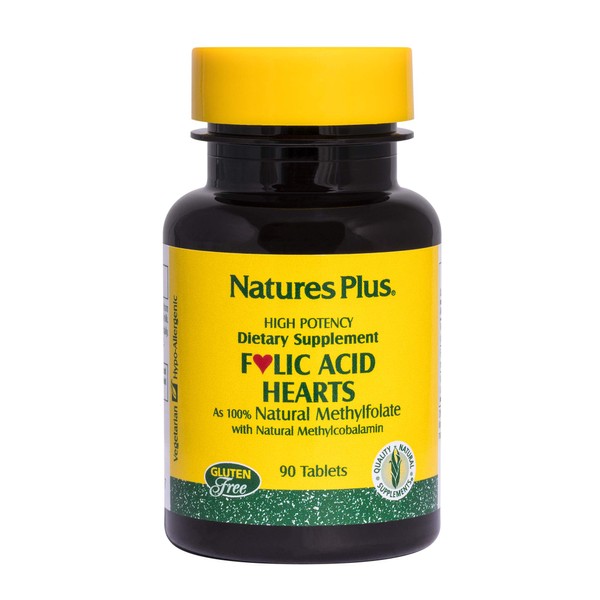 NaturesPlus Folic Acid Hearts (Methylfolate) - 400 mcg, 90 Vegetarian Tablets - with Vitamin B6 & Vitamin B12 (as Methylcobalamin) - Gluten-Free - 90 Servings