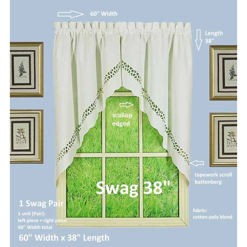 Today's Curtain Hellina Tapework Window Swag, 38-Inch, White
