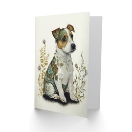Artery8 Cute Jack Russell Dog Puppy and Flower Patterns Colour Pencil Illustration Art Birthday Sealed Greeting Card Plus Envelope Blank inside