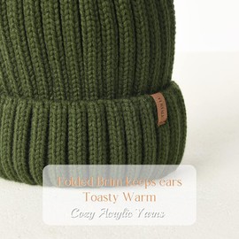 FURTALK Knit Beanie Hats for Women Fleece Lined with Faux Fur Pom Pom Winter Hat for Canada Pine Green