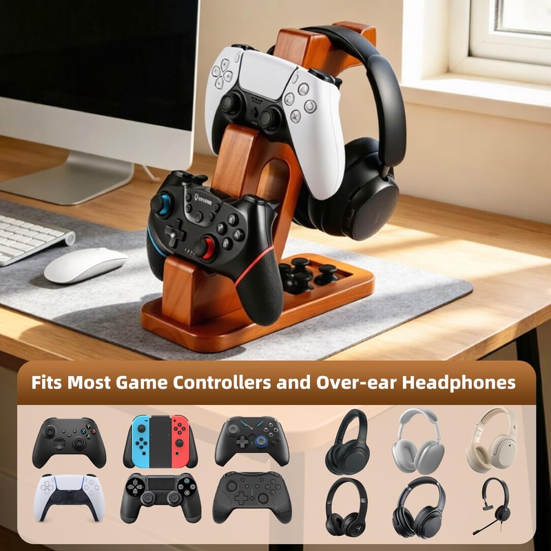 Solid Wood Headphone Stand with Dual Controller Holder