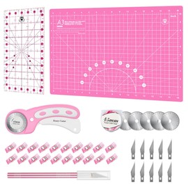 Headley Tools Rotary Cutter Set - 45mm Fabric Cutter, 5 Replacement Rotary Blades, A3 Cutting Mat, Quilting Ruler and Sewing Clips, Craft Knife Set, Ideal for Crafting, Sewing, Patchworking, Pink